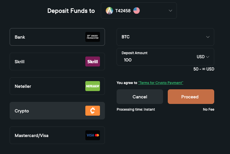 ActTrader payments - deposit funds via bank, cards, Skrill, Neteller and crypto
