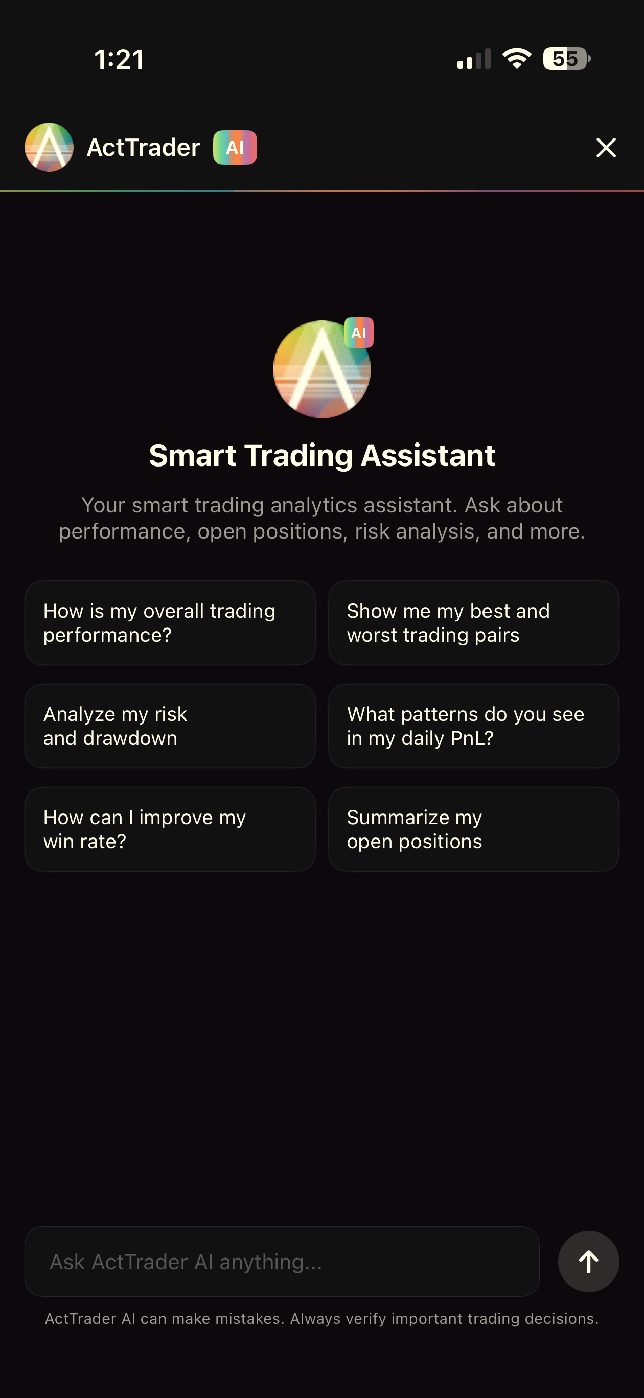 ActTrader mobile - AI trading assistant chat: ask about performance, positions and risk